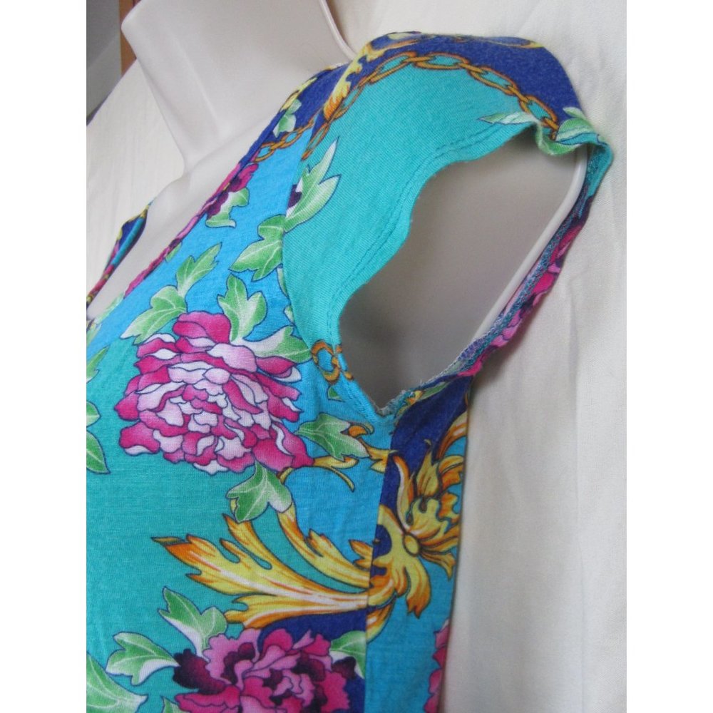 Teal with floral design Summer vacation blouse, size SM - Picture 2 of 4